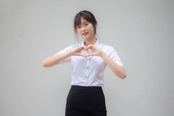 Thai China Adult Beautiful Girl White Shirt Blue Jeans Give — Stock Photo, Image
