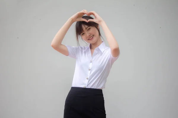 Thai China Adult Beautiful Girl White Shirt Blue Jeans Give — Stock Photo, Image