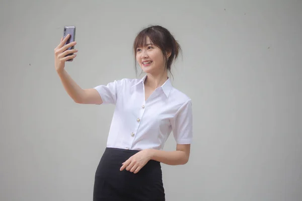 Portrait Thai Adult Student University Uniform Beautiful Girl Using Her — Stock Photo, Image