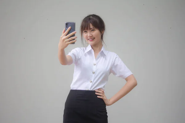 Portrait Thai Adult Student University Uniform Beautiful Girl Using Her — Stock Photo, Image