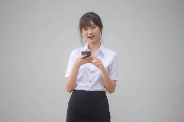 Portrait Thai Adult Student University Uniform Beautiful Girl Using Her — Stock Photo, Image