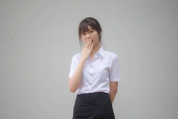 Retrato Tailandês Adulto Estudante Universidade Uniforme Bela Menina Não Falar — Fotografia de Stock
