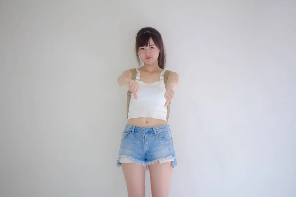 Linda Tailandesa Menina Turistas Escocês Branco Camisa Azul Jeans Não — Fotografia de Stock