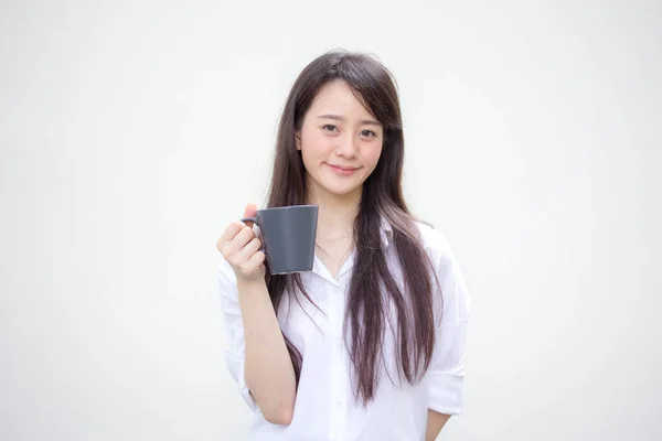 Retrato Tailandês China Adulto Escritório Menina Branco Camisa Beber Café — Fotografia de Stock