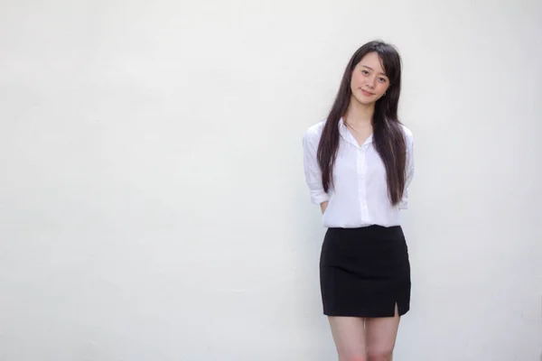 Porträtt Thai Porslin Vuxen Kontor Flicka Vit Skjorta Koppla Och — Stockfoto