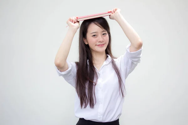 Retrato Tailandés China Adulto Oficina Chica Blanca Camisa Lectura Rojo —  Fotos de Stock