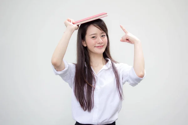 Retrato Tailandês China Adulto Escritório Menina Branco Camisa Leitura Vermelho — Fotografia de Stock