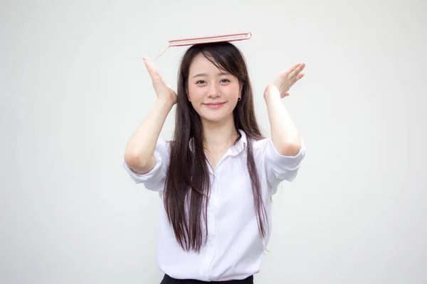 Portrait Thai China Adult Office Girl White Shirt Reading Red — Stock Photo, Image