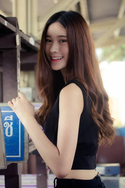 Asia Thai Teen Black Dress Street Fashion — Stock Photo, Image