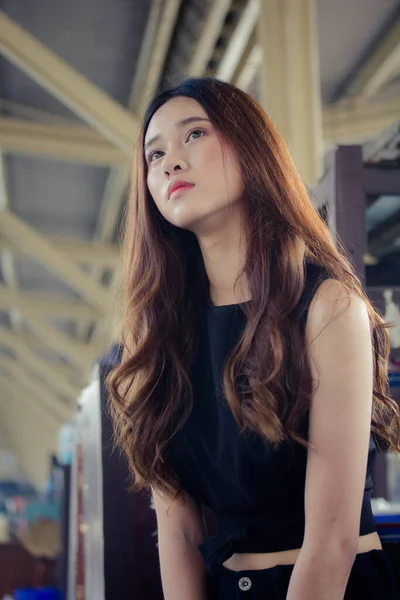 Asiatisch Thai Teen Schwarz Kleid Auf Straße Mode — Stockfoto