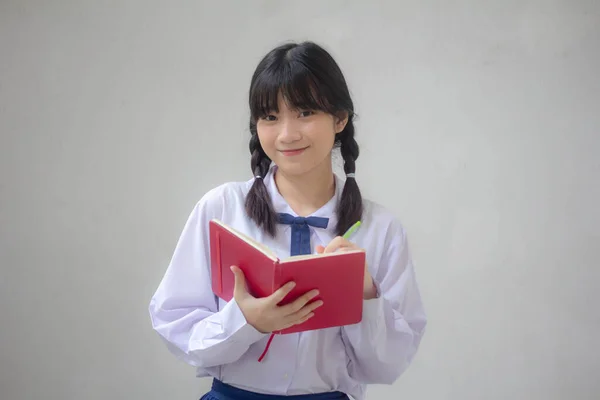 Asia Tailandesa Escuela Secundaria Estudiante Uniforme Hermosa Chica Escribir Libro —  Fotos de Stock