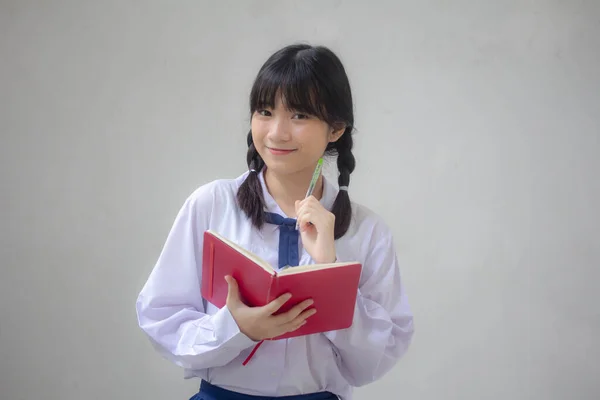 Asia Tailandesa Escuela Secundaria Estudiante Uniforme Hermosa Chica Escribir Libro —  Fotos de Stock
