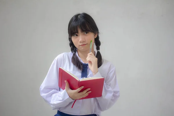 Asia Tailandesa Escuela Secundaria Estudiante Uniforme Hermosa Chica Escribir Libro —  Fotos de Stock