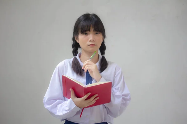 Asia Tailandesa Escuela Secundaria Estudiante Uniforme Hermosa Chica Escribir Libro —  Fotos de Stock