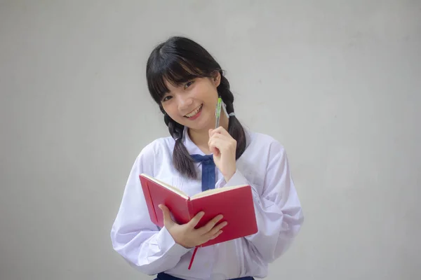 Asia Tailandesa Escuela Secundaria Estudiante Uniforme Hermosa Chica Escribir Libro —  Fotos de Stock