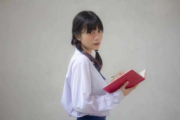 Ásia Tailandês Estudante Ensino Médio Uniforme Bela Menina Escreva Livro — Fotografia de Stock