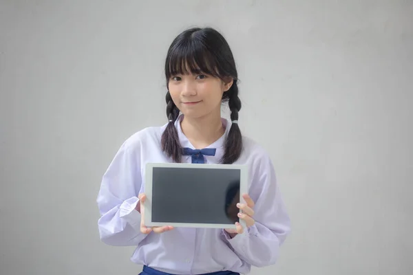 Portrait Thai High School Student Uniform Beautiful Girl Show Tablet — Stock Photo, Image