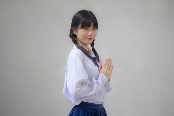 Thai High School Student Uniform Hübsch Mädchen Thai Pay Respect — Stockfoto