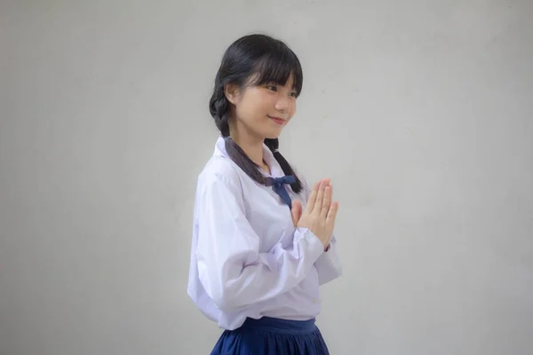 Thai High School Student Uniform Beautiful Girl Thai Pay Respect — Stock Photo, Image