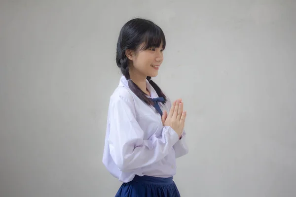 Thajská Střední Škola Studentská Uniforma Krásná Dívka Thai Pay Respect — Stock fotografie