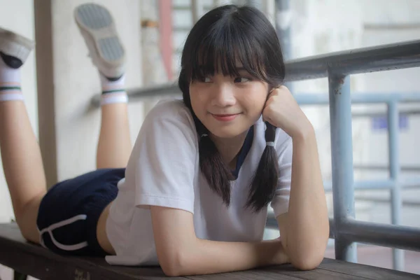 Thai Tini Gyönyörű Lány Japán Sport Diák Egyenruha Boldog Pihenni — Stock Fotó