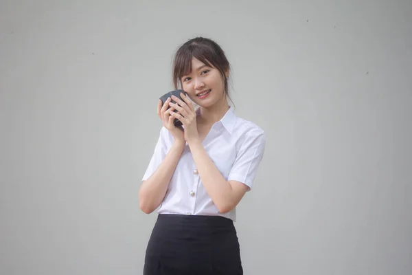 Portret Van Thaise Volwassen Student Universiteit Uniform Mooi Drinken Koffie — Stockfoto