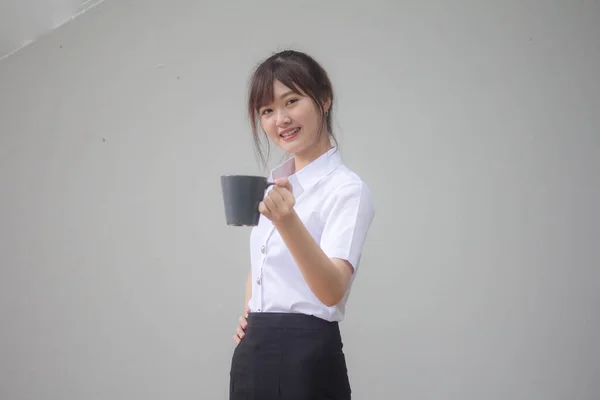 Ritratto Thai Adulto Studente Università Uniforme Bello Bere Caffè — Foto Stock