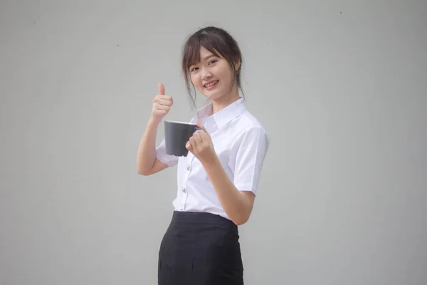 Retrato Tailandés Estudiante Adulto Universidad Uniforme Hermoso Beber Café —  Fotos de Stock