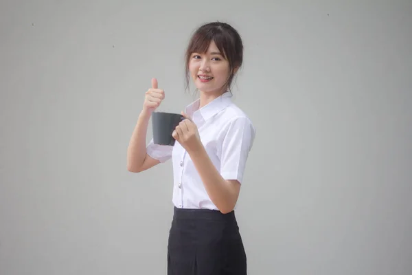 Porträtt Thai Vuxen Student Universitet Uniform Vacker Dricka Kaffe — Stockfoto