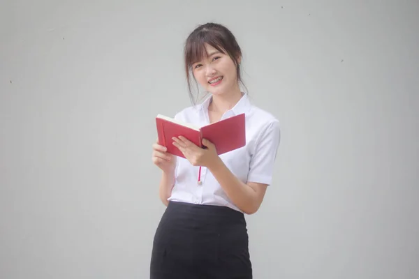 Portrait Thai Adult Student University Uniform Beautiful Girl Read Red — Stock Photo, Image