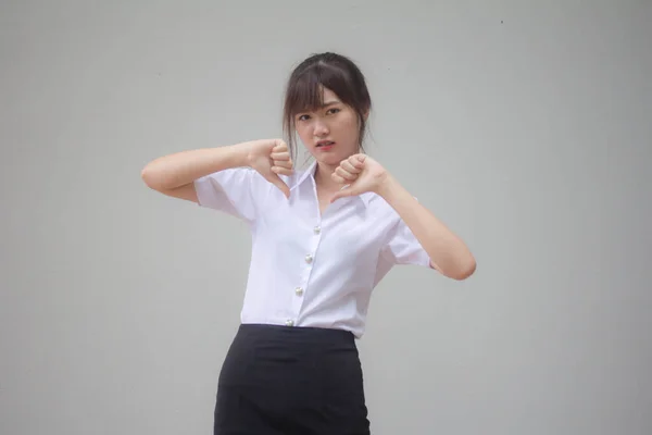 Retrato Tailandês Adulto Estudante Universidade Uniforme Bela Menina Não Gosta — Fotografia de Stock