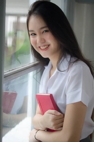 Tailandés Adulto Estudiante Universidad Uniforme Hermosa Chica Relax Sonrisa — Foto de Stock