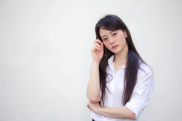 Retrato Tailandês Mulheres Adultas Trabalhando Camisa Branca Pensar — Fotografia de Stock