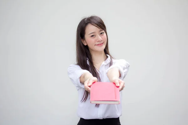 Retrato Tailandês China Adulto Escritório Menina Branco Camisa Mostrar Vermelho — Fotografia de Stock
