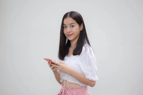 Asiatico Thai Giapponese Teen Bianco Shirt Bella Ragazza Utilizzando Suo — Foto Stock