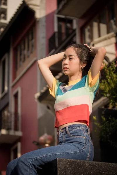 Asia Thajská Teen Barva Tričko Krásná Dívka Úsměv Relaxovat — Stock fotografie