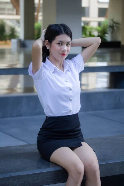 Thai Adult Student University Uniform Beautiful Girl Relax Smile — Stock Photo, Image