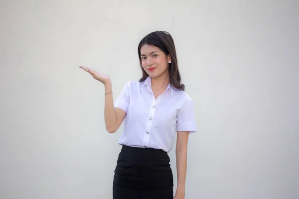 Thai Adult Student University Uniform Beautiful Girl Show Hand — Stock Photo, Image