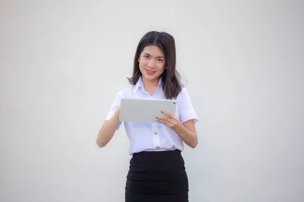 Thai Adult Student University Uniform Beautiful Girl Using Her Tablet — Stock Photo, Image