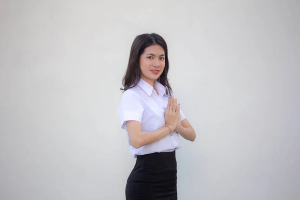 Taylandlı Yetişkin Öğrenci Üniforması Güzel Kız Saygı Göster — Stok fotoğraf