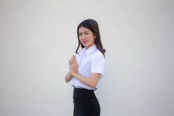 Tailandês Adulto Estudante Universidade Uniforme Bela Menina Tailandês Pagar Respeito — Fotografia de Stock