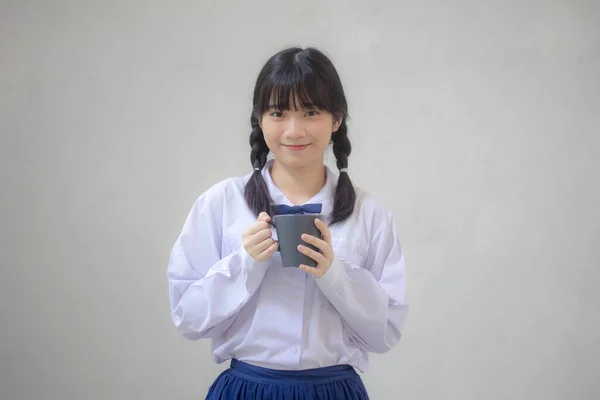 Portret Van Thaise Middelbare School Student Uniform Mooi Meisje Drinken — Stockfoto
