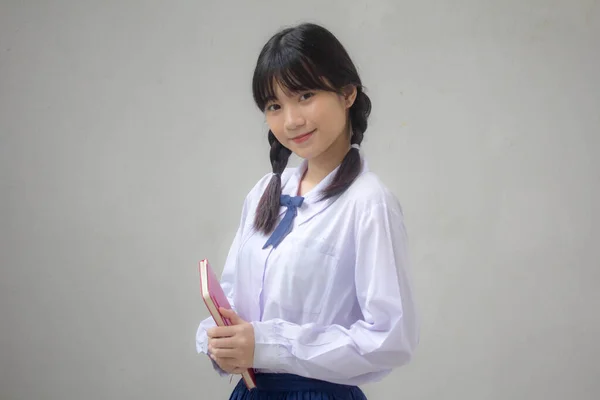 Retrato Tailandês Estudante Ensino Médio Uniforme Adolescente Linda Menina Feliz — Fotografia de Stock