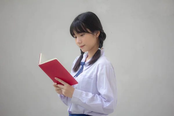 Asia Tailandesa Escuela Secundaria Estudiante Uniforme Hermosa Chica Leer Libro —  Fotos de Stock