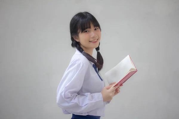 Asia Tailandesa Escuela Secundaria Estudiante Uniforme Hermosa Chica Leer Libro —  Fotos de Stock