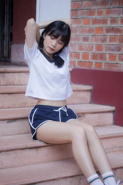 Tailandés Adolescente Hermosa Chica Japonés Deportes Estudiante Uniforme Feliz Relajarse —  Fotos de Stock