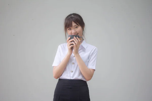 Portrait Von Thailändischen Erwachsenen Studenten Uniform Schönen Kaffee Trinken — Stockfoto