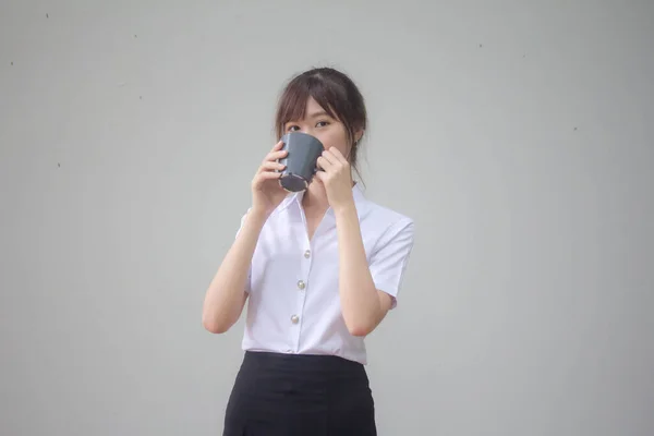 Portrait Von Thailändischen Erwachsenen Studenten Uniform Schönen Kaffee Trinken — Stockfoto