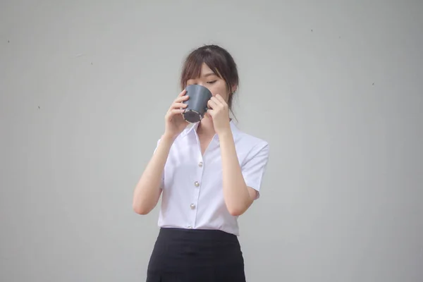 Portrait Von Thailändischen Erwachsenen Studenten Uniform Schönen Kaffee Trinken — Stockfoto