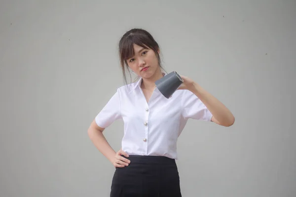 Retrato Tailandês Adulto Estudante Universidade Uniforme Belo Beber Café — Fotografia de Stock